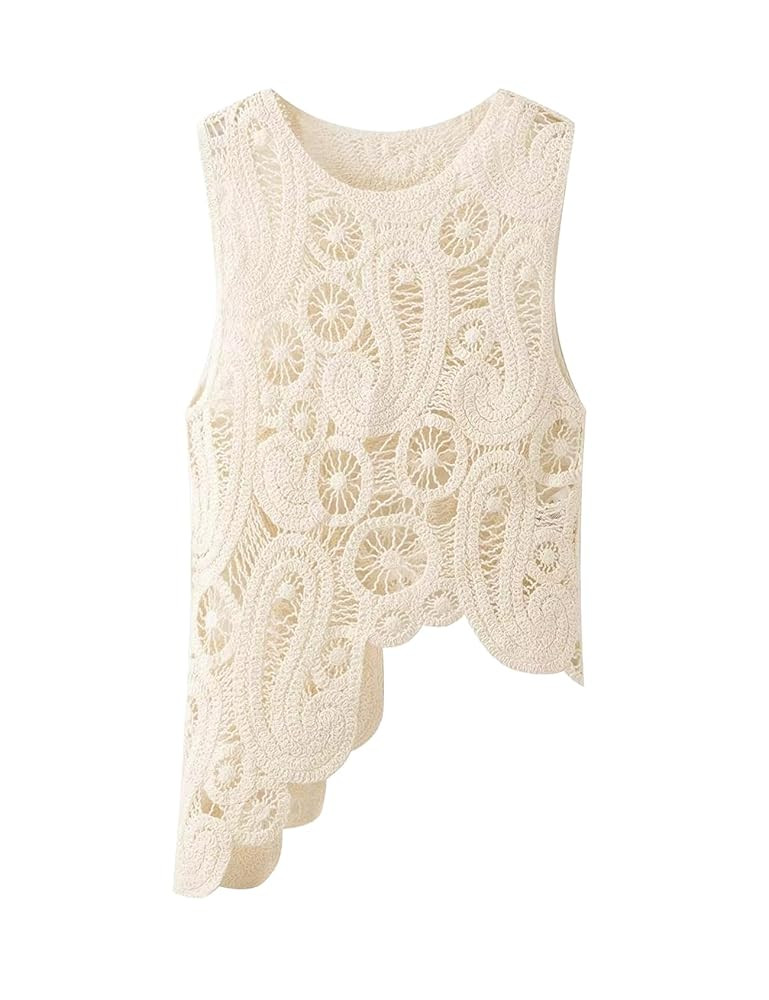 Perbai Women's Crochet Asymmetrical Hem Lace Tank Top Crew Neck Sleeveless Hollow Out Boho Knit B... | Amazon (US)
