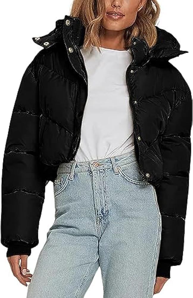 VAOYIU Women's Cropped Puffer Jacket Winter Removable Hood Zip UP Quilted Down Coats with Pockets | Amazon (US)