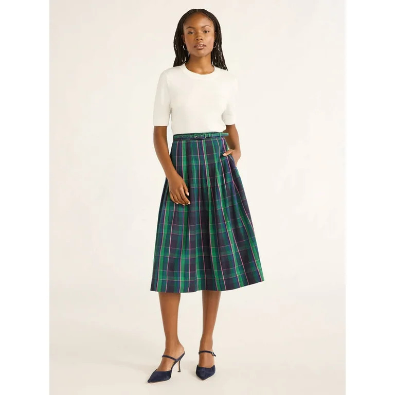 Free Assembly Women's Belted Cotton Pleated Midi Skirt, Sizes XS-4X | Walmart (US)