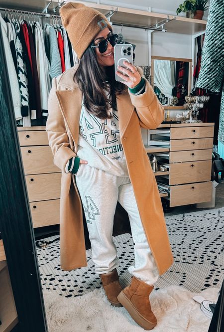 Midsize Winter cozy casual errands outfit
Wearing a L/XL in this matching sweatsuit. Runs roomy. Great thick material and very high quality. 
Wearing a xl in my camel coat 
Ugg cropped platform winter boots size up if between sizes. 
 


#LTKstyletip #LTKmidsize #LTKMostLoved