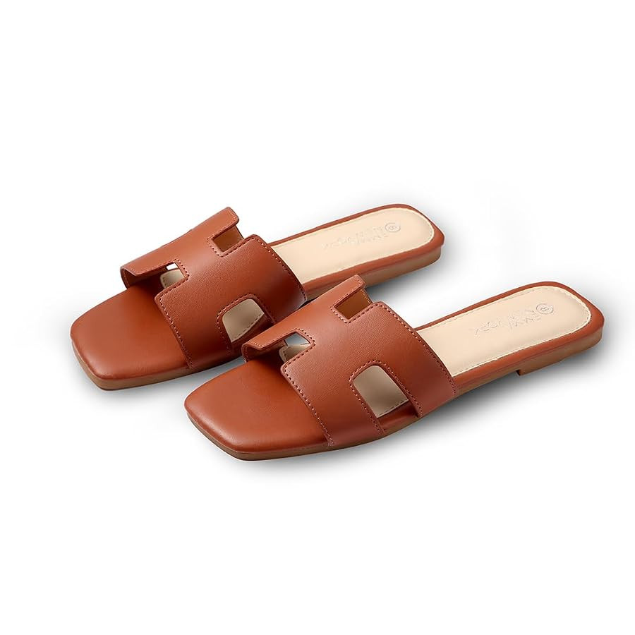 Women's Sandals Slip On Leather Slide Sandals Summer Sandals For Women 2024 Dressy Flat Sandals C... | Amazon (US)