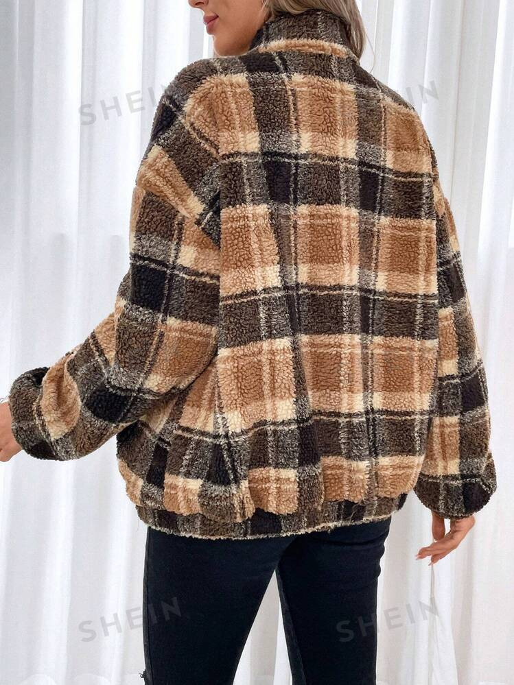 SHEIN Maternity Plaid Pattern Drop Shoulder Teddy Jacket | SHEIN