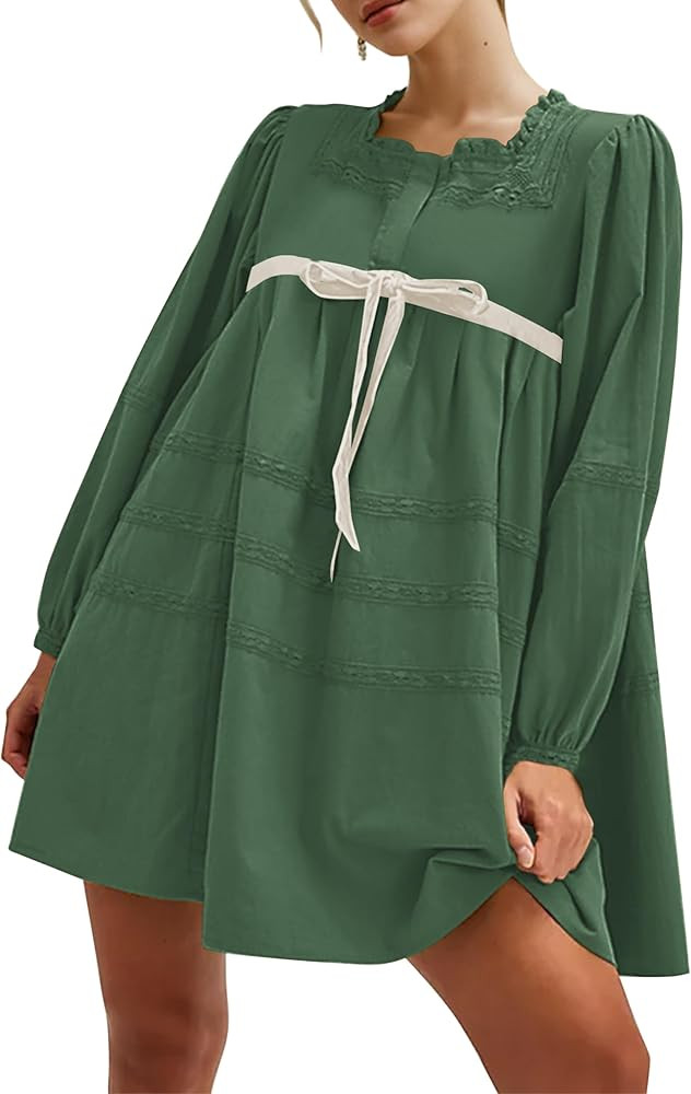 Women Flowy Long Puff Sleeve Mini Dress Casual Square Neck Lace Embroidered Babydoll Dress Bow Ti... | Amazon (US)
