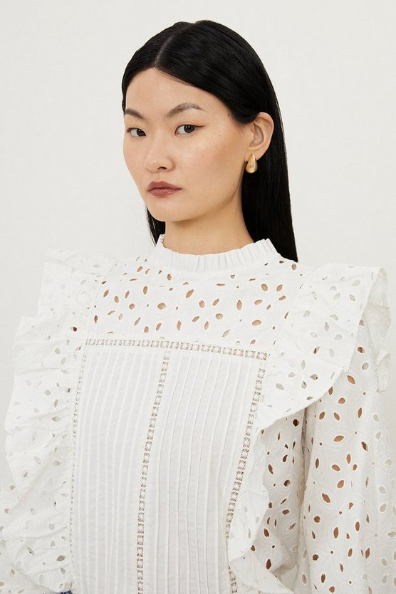 Embroidery Cutwork Frill Detail Woven Shirt | Karen Millen UK + IE + DE + NL