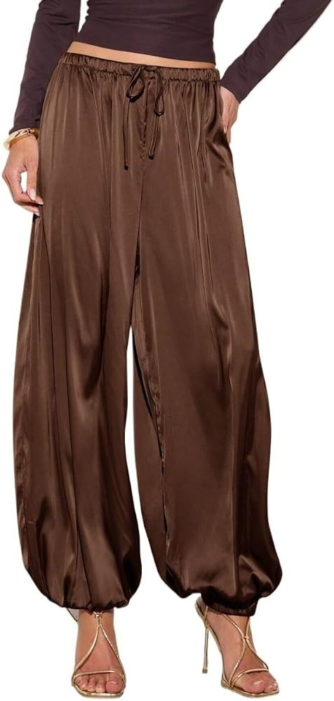 Casual Women's Loose Fit Satin Drawstring Pants Semi Sheer Trousers for Spring Fall | Amazon (US)