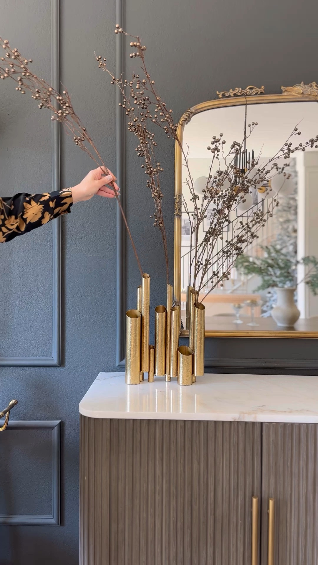 Holiday dining room decor! These gold berry stems are so beautiful and a fantastic price! I used 3 bundles of the lit pine stems for my dining table centerpiece 😊

#LTKHoliday #LTKVideo #LTKHome