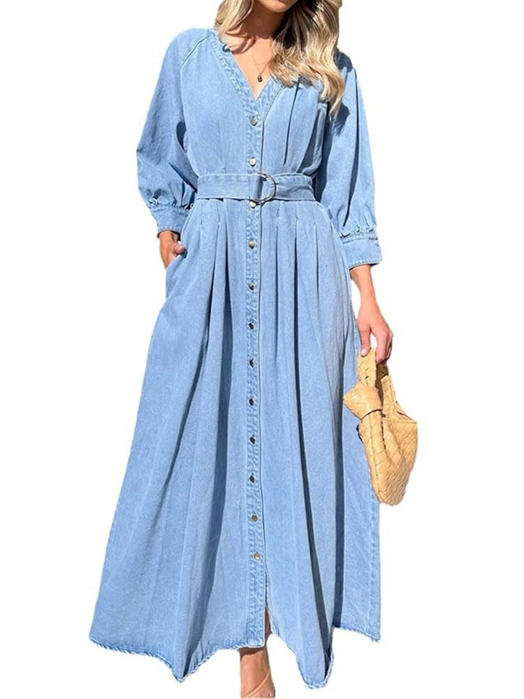 utcoco Womens 2025 Fall Winter Denim Shirt Dress V Neck 3/4 Long Sleeves Button Down Belted Jean ... | Amazon (US)