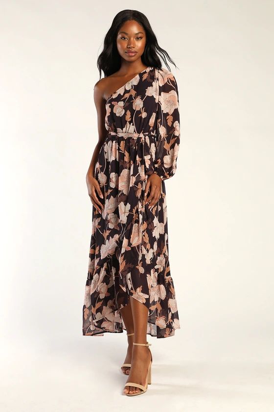 Floral Romance Brown and Pink Floral One-Shoulder Midi Dress | Lulus (US)