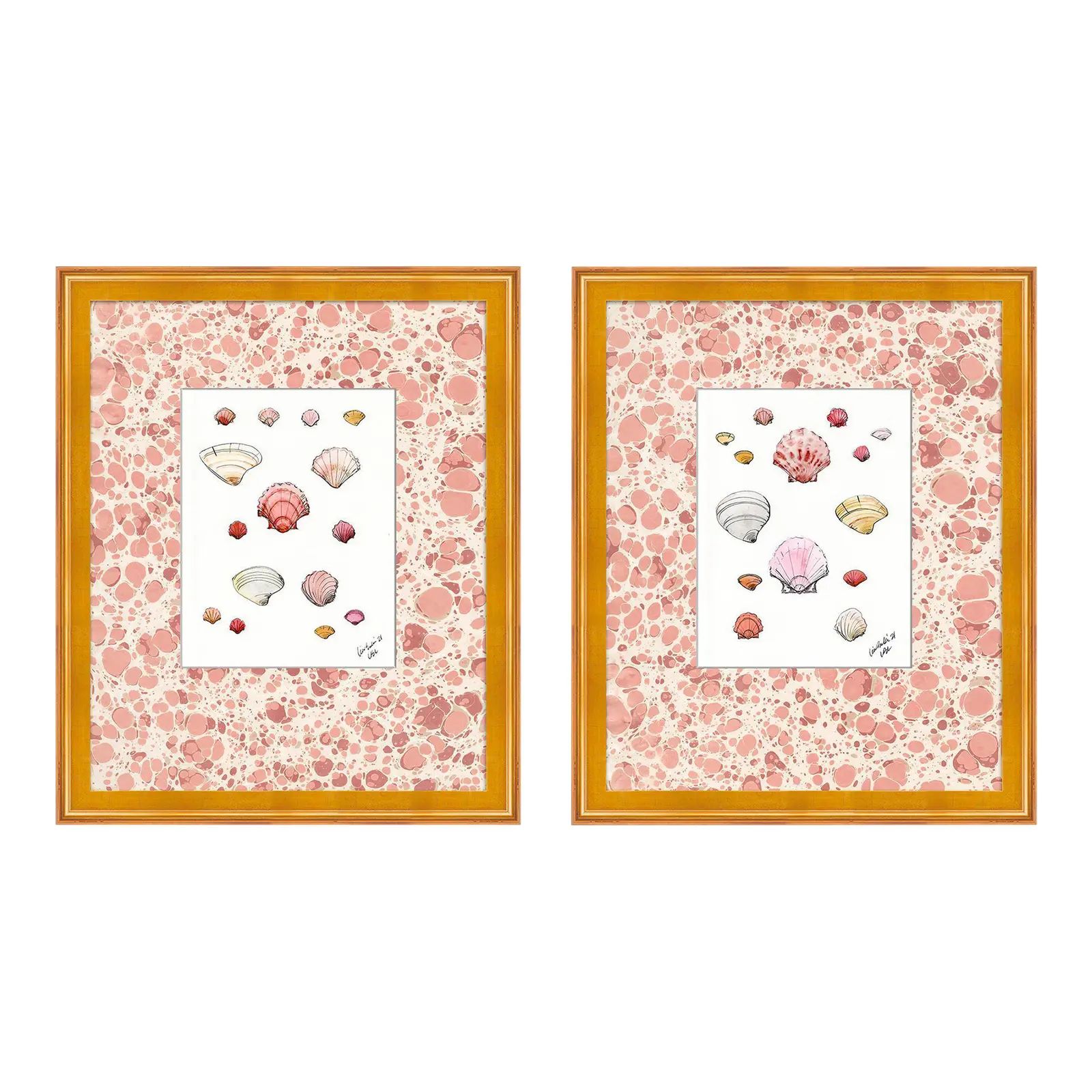 Marbled Shells in Pink, Diptych by Lia Burke Libaire in Gold Frame, Small Art Prints, Set of 2 | Chairish