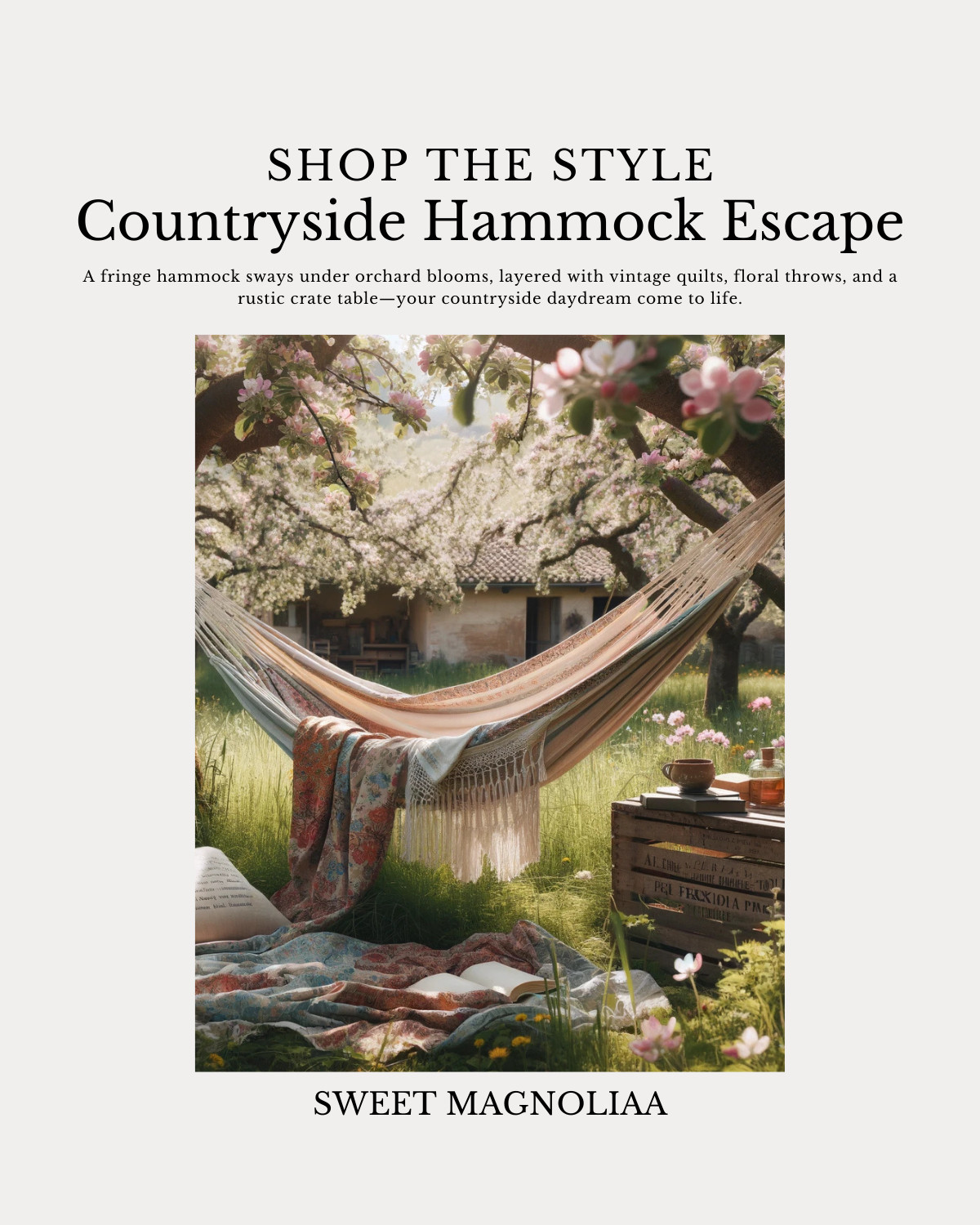 This scene is straight out of a countryside daydream. A soft fringe hammock sways beneath blooming orchard trees, surrounded by layered vintage quilts, floral throws, and a rustic wood crate turned tea table. A book waits in the grass, the air smells like apple blossoms, and time slows to a golden hush. 

 #LTKHome