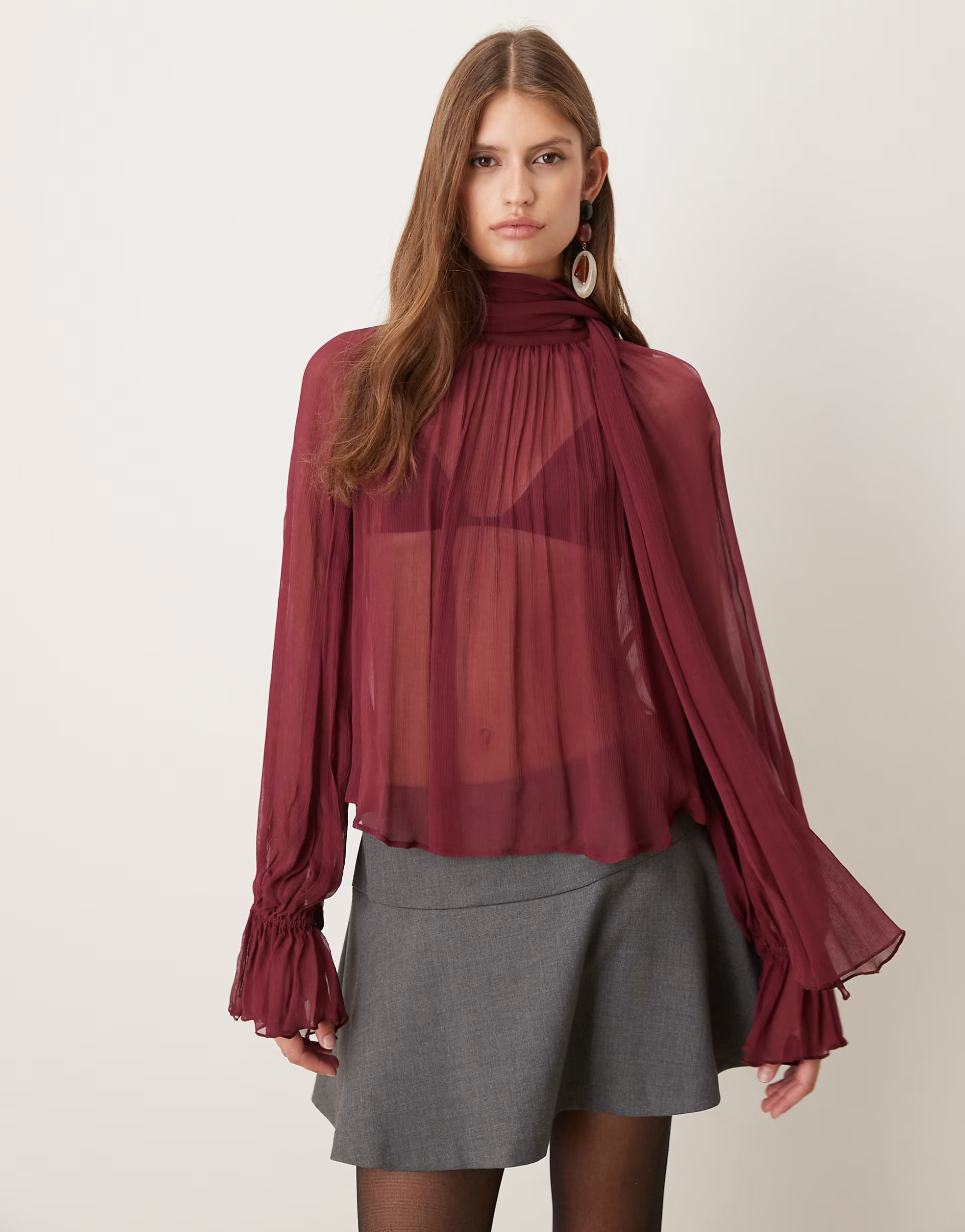 Mango gathered neck blouse in dark red | ASOS (Global)