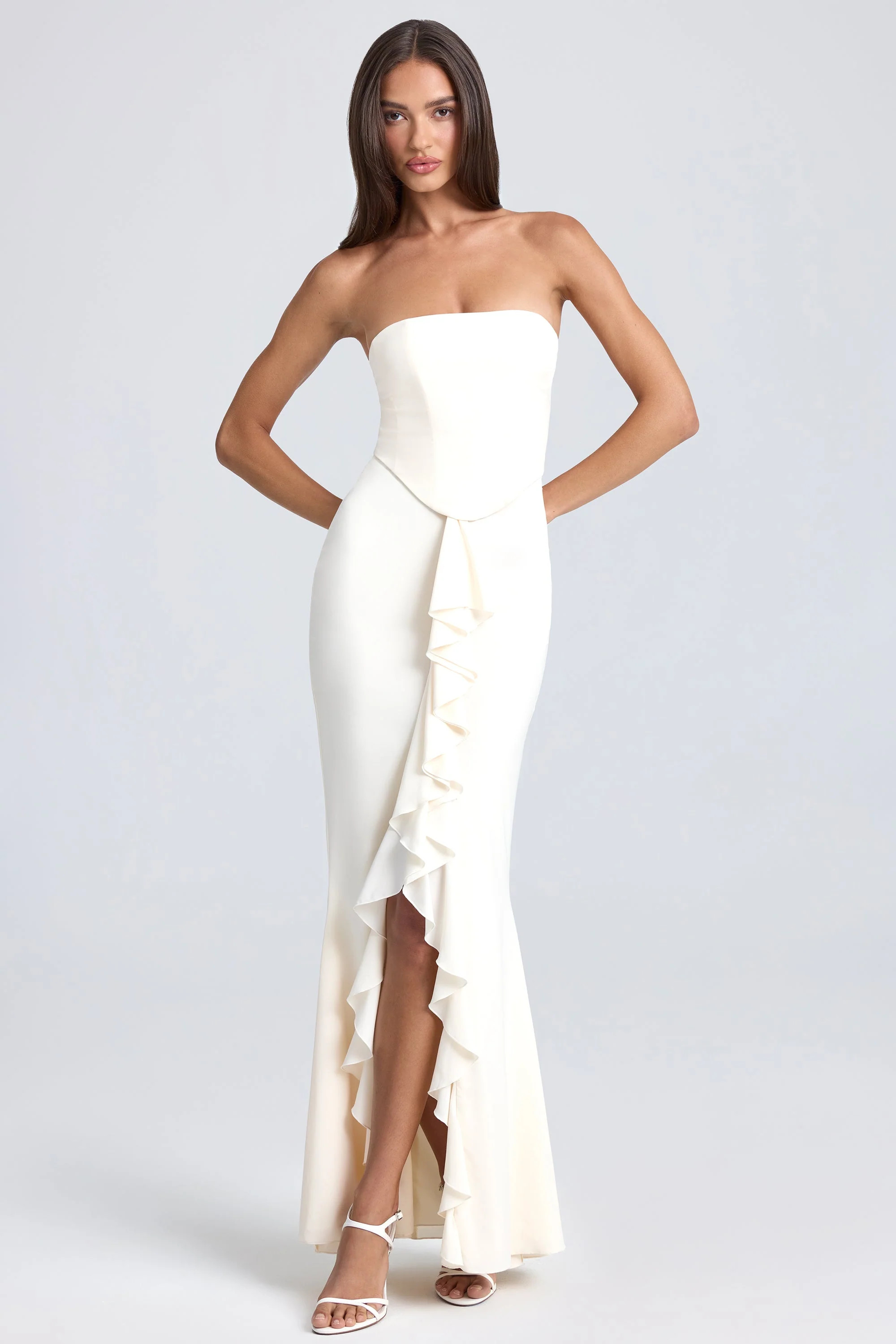 Bandeau Ruffle-Trim Corset Gown in Ivory | Oh Polly