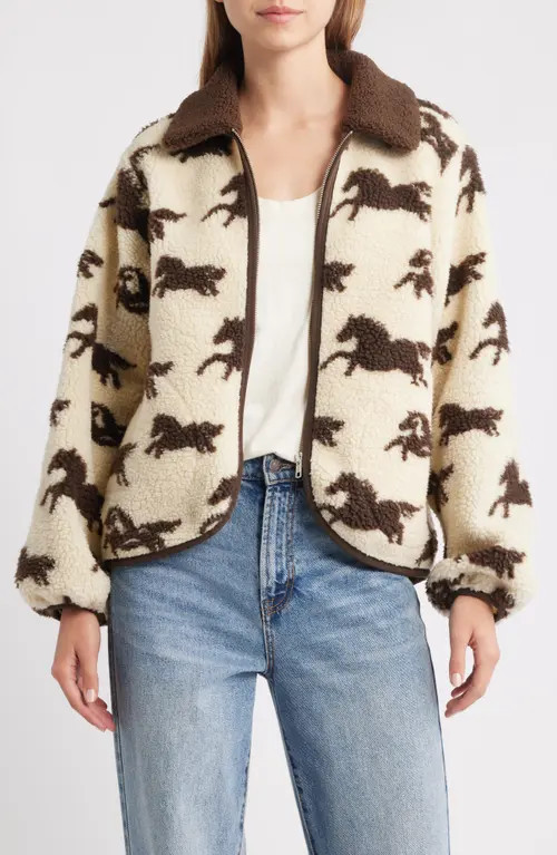 THE GREAT. The Pasture Horse Print Fleece Jacket in Cream W/Hickory at Nordstrom, Size 2 | Nordstrom