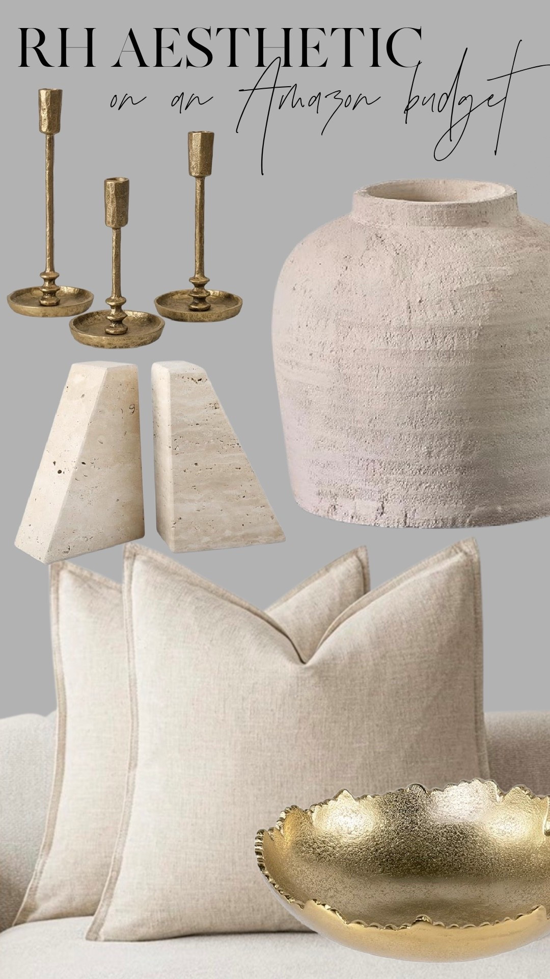 RH Aesthetic on an Amazon Budget — get the Restoration Hardware look for less. These Amazon finds bring that luxe, neutral, modern vibe home with textured ceramics, brass accents, and tailored linen. Perfect for styling shelves, coffee tables, or your living room.

Shop the look: travertine bookends, brass candlesticks, scalloped bowl, textured vase, and linen pillows.

#NeutralModernHome #RHAesthetic #AmazonHomeFinds #AffordableLuxuryDecor #LookForLess #LTKhome #AmazonDecor #ModernOrganicStyle #HomeStylingInspo

#LTKFindsUnder50 #LTKSaleAlert #LTKHome