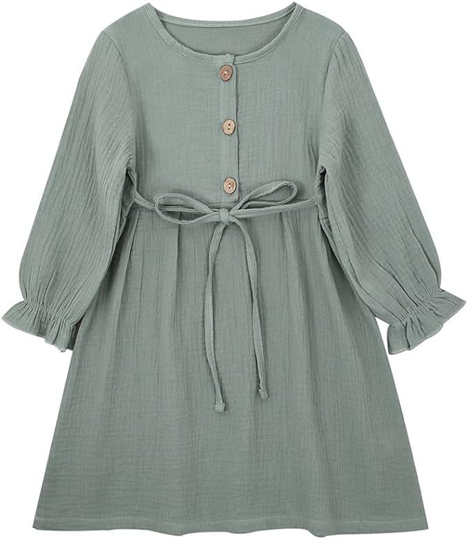 GLIGLITTR Toddler Baby Girl Cotton Linen Dress Long Sleeve Crew Neck Dresses Button Down Dresses ... | Amazon (US)
