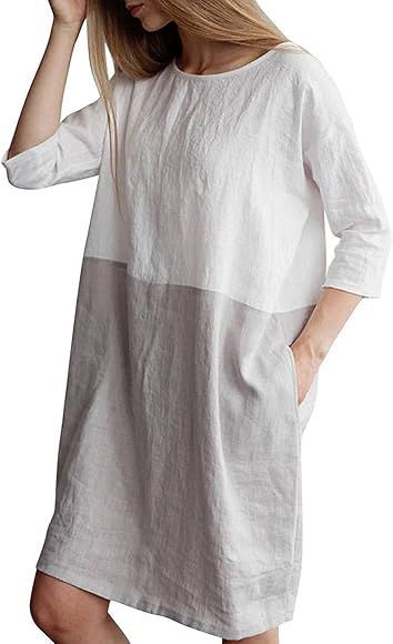 Famulily Women's Oversized 3 4 Sleeve Two Tone Colors Loose T Shirt Dress with Pockets | Amazon (CA)