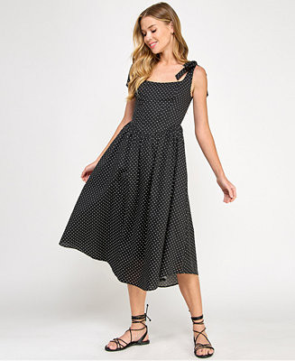 Juniors' Polka-Dot Shoulder-Tie Midi Dress | Macy's