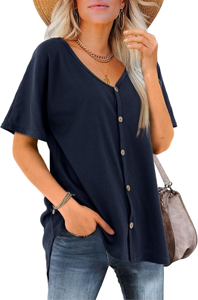 Amoretu Womens Blouse V Neck Short Sleeve Shirt Loose Waffle Knit Button Up Top | Amazon (US)