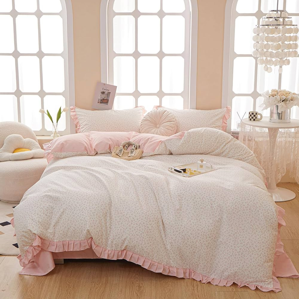 VM VOUGEMARKET Pink Flower Comforter Set Twin XL 3 Pieces Ruffle Comforter 68 x90 | Amazon (US)