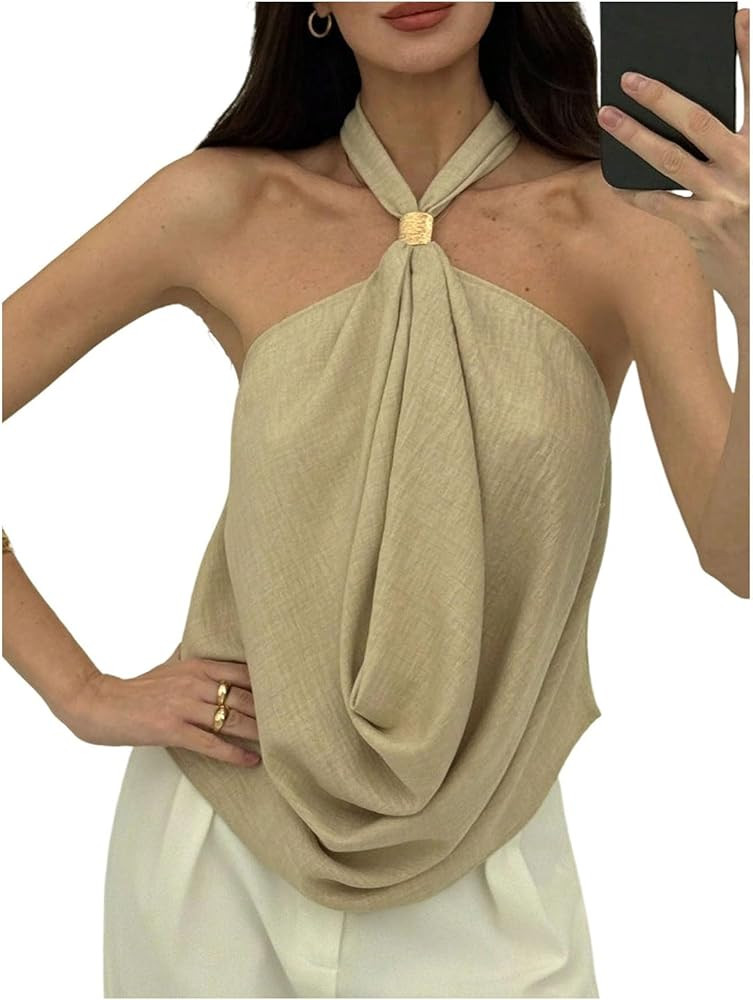 BEAUDRM Women's Y2K Draped Halter Top Tie Open Back Fitted Going Out Tops Streetwear | Amazon (US)