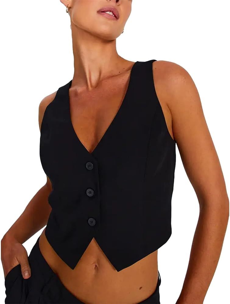 Meihuida Women Suit Vest Sleeveless V Neck Button Up Dressy Casual Regular Fitted Waistcoat | Amazon (US)