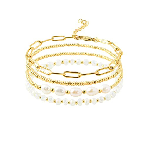 Pymach Dainty Gold Plated Pearl Crystal Beaded Bracelets Set for Women 14K Gold Plated Bead Pearl Beads Bracelet Stackable Paperclip Link Chain Bracelets Gold Plated Bracelets for Women Trendy Jewelry | Amazon (US)