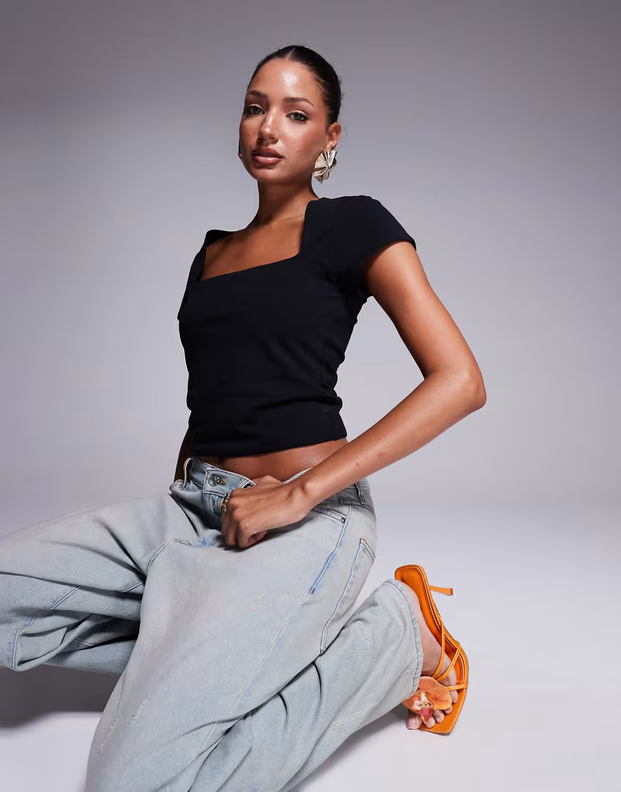 ASOS DESIGN double layer square neck cap sleeve top in black | ASOS (Global)