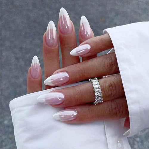 French Tips Fake Nails Medium Almond Press on Nails Chrome Press ons with Glossy Pearl Powder Full Cover Acrylic Nails with Glue on False Nails for Women Nails Decoration 24 Pcs | Amazon (US)