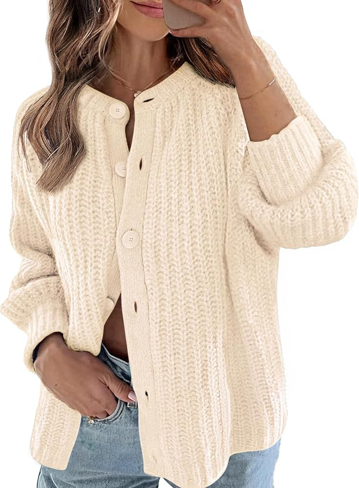 MEROKEETY Women's 2024 Long Sleeve Cardigan Sweater Crew Neck Button Ribbed Open Front Knit Outer... | Amazon (US)