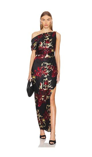 Halle Off Shoulder Midi Dress in Watercolor Floral Black | Revolve Clothing (Global)