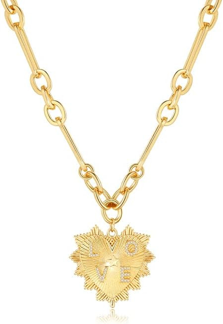 Heart Necklace for Women 18K Gold Plated Sun Heart Pendant Necklace Chunky Choker Chain Necklace ... | Amazon (US)