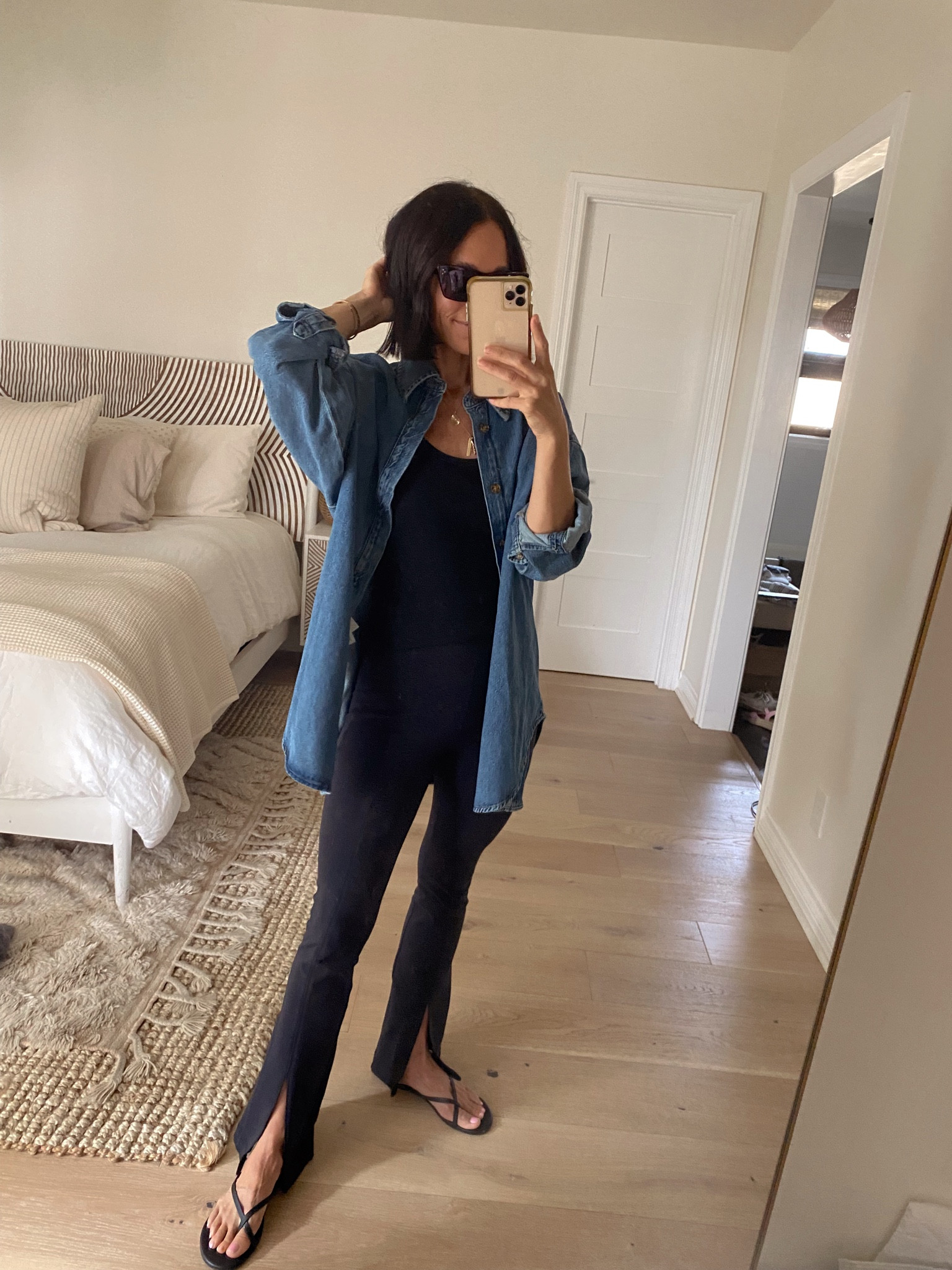 Morning school drop outfit 
Oversized denim shirt- soft and runs tts with an oversized fit 
Split hem leggings (short gal friendly) 

#LTKstyletip