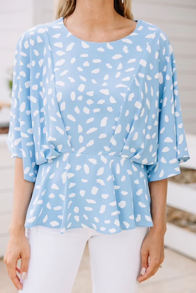 Tell Me Everything Light Blue Spotted Peplum Top | The Mint Julep Boutique
