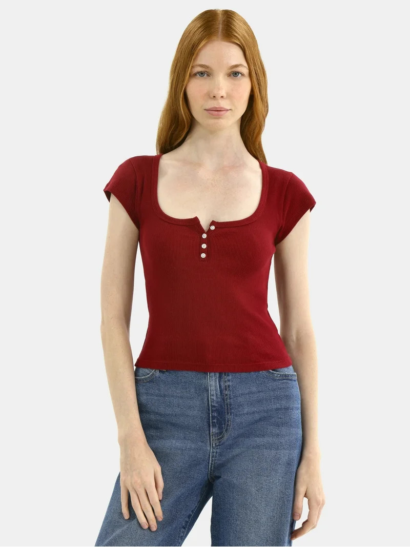 No Boundaries Cotton Henley Tee, Women's | Walmart (US)