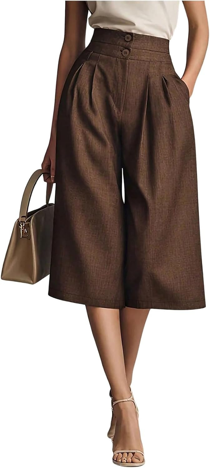 SweatyRocks Women's Pleated Wide Leg Dressy Capri Pants Crop Culottes | Amazon (US)