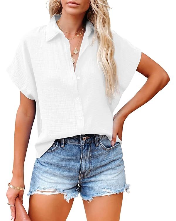 Davenil Women Button Down Shirts Cotton Linen Casual Collar Blouses | Amazon (US)