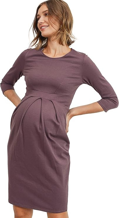 LaClef Women's Knee Length Midi Maternity Dress with Front Pleat - 3/4 Sleeve | Amazon (US)