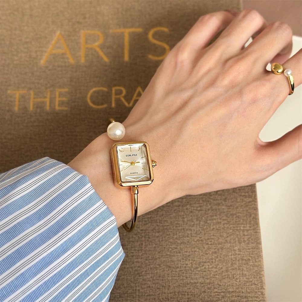 Gosasa Pearl Bangle Watch for Women, Gold Bracelet Watch with Square Easy Read Dial, Dainty Elega... | Amazon (US)