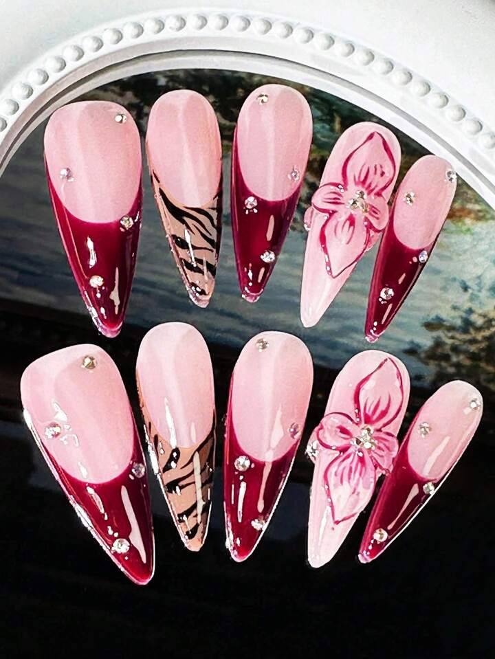 Pure Handmade Nails 3D Flower Nails Burgundy Red Nails Animal Print Sparkling Stiletto Long Press... | SHEIN