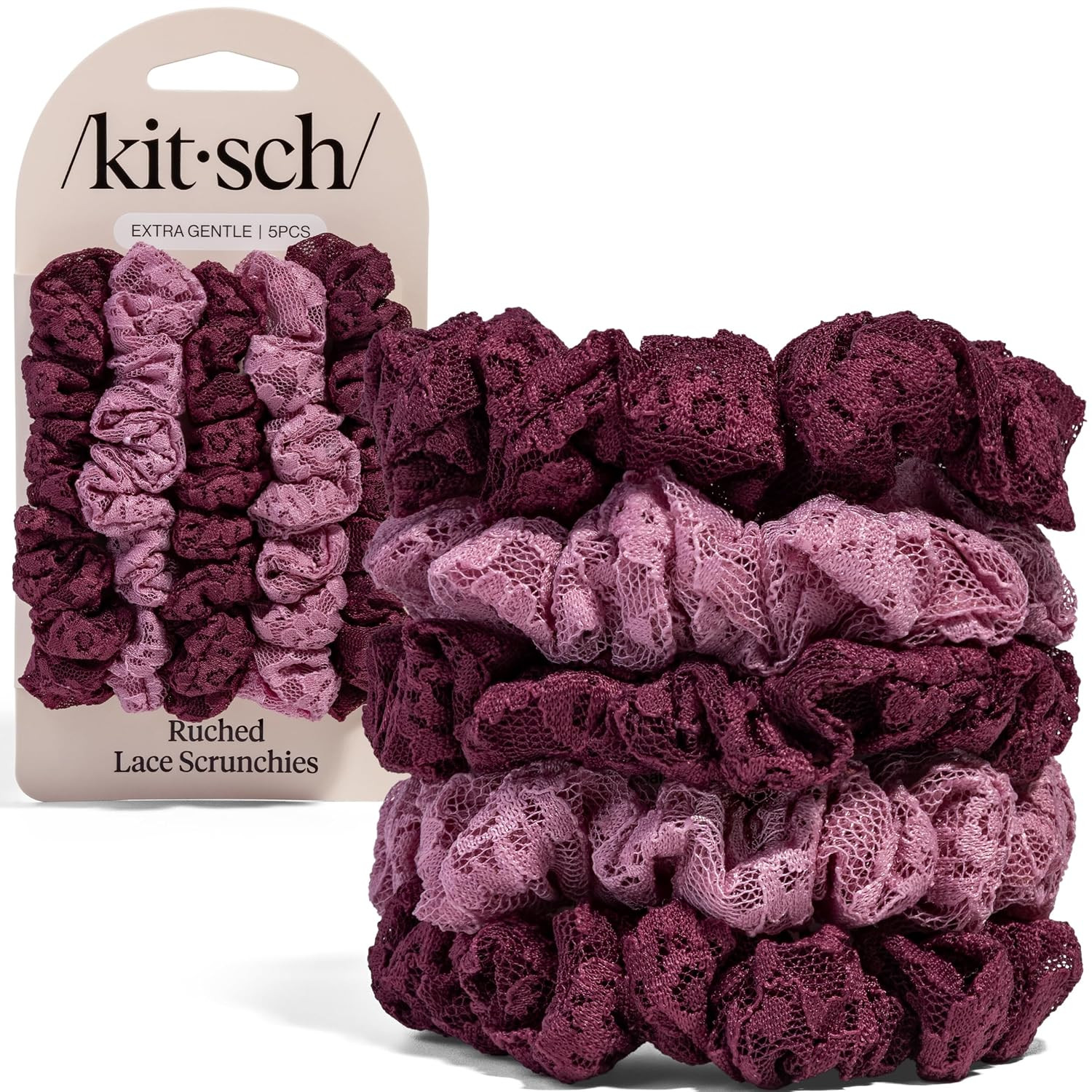 Kitsch Ruched Lace Hair Scrunchies For Women – Cherry Lacquer & Dusty Pink | Amazon (US)