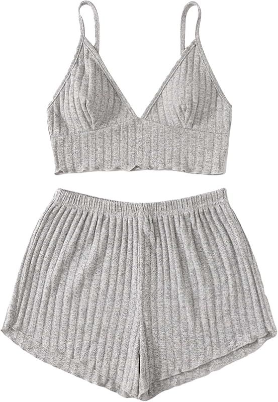 SOLY HUX Women's Sleepwear 2 Piece Lounge Set Pajama Set Rib Knit Spaghetti Strap Bralette Top and S | Amazon (US)