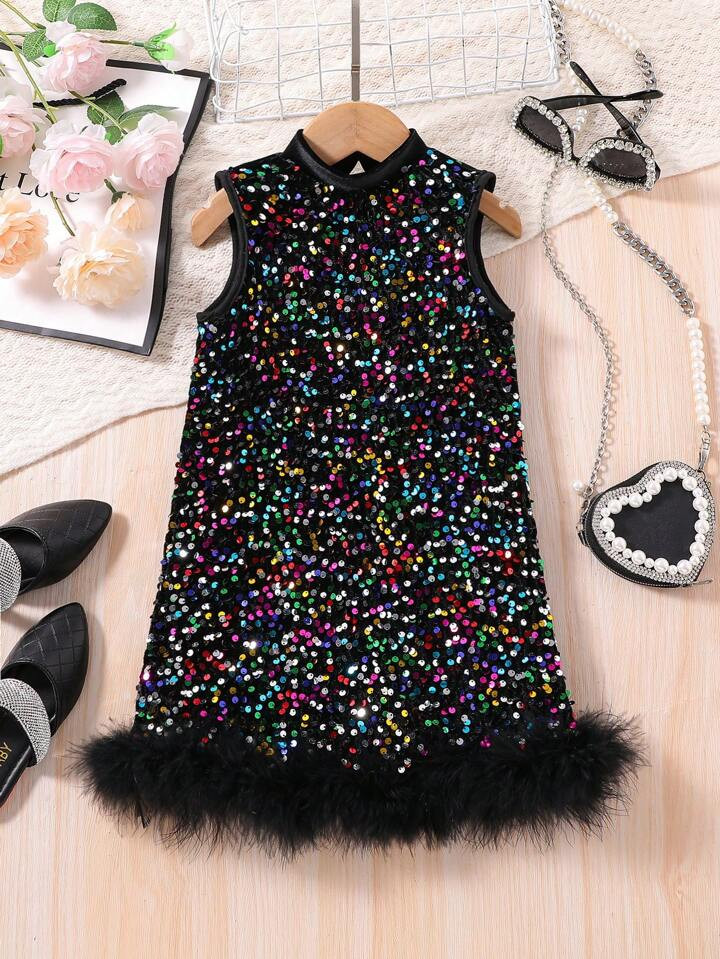 SHEIN Kids CHARMNG Young Girl Fuzzy Hem Sequin Dress | SHEIN