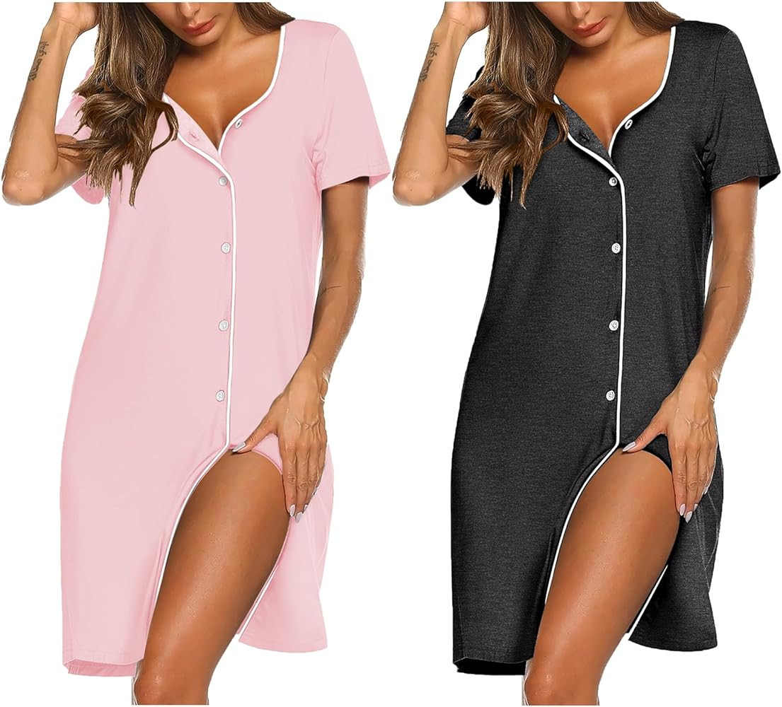 Ekouaer Nightgowns for Women 2 Pack Button Down Sleepshirt Short Sleeve Nightshirt Soft Sleepwear... | Amazon (US)