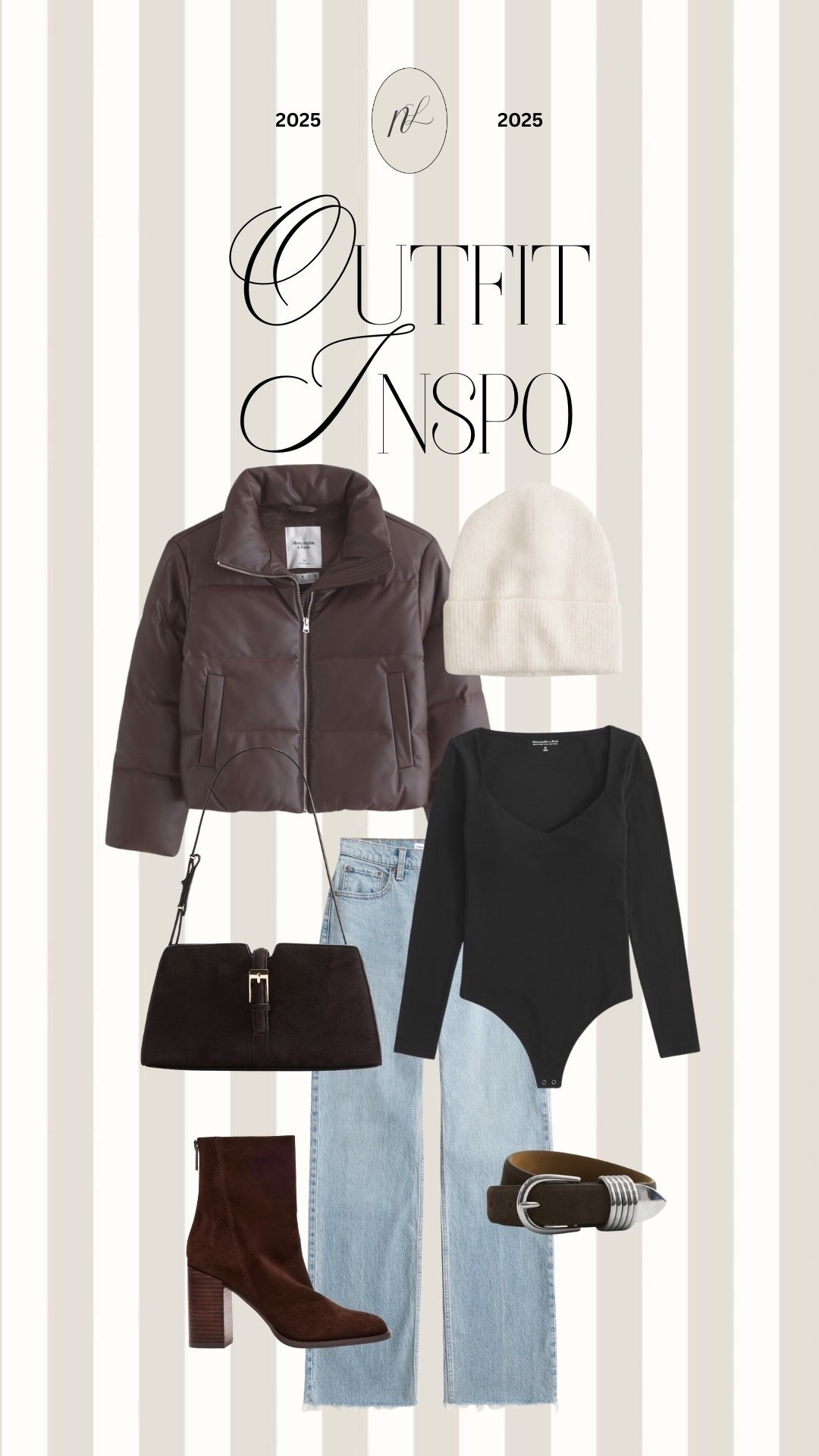 Fall outfit inspo for cold weather days with brown puffer jacket, suede bag and belt, and white beanie.  

 #LTKStyleTip

#LTKSeasonal #LTKU