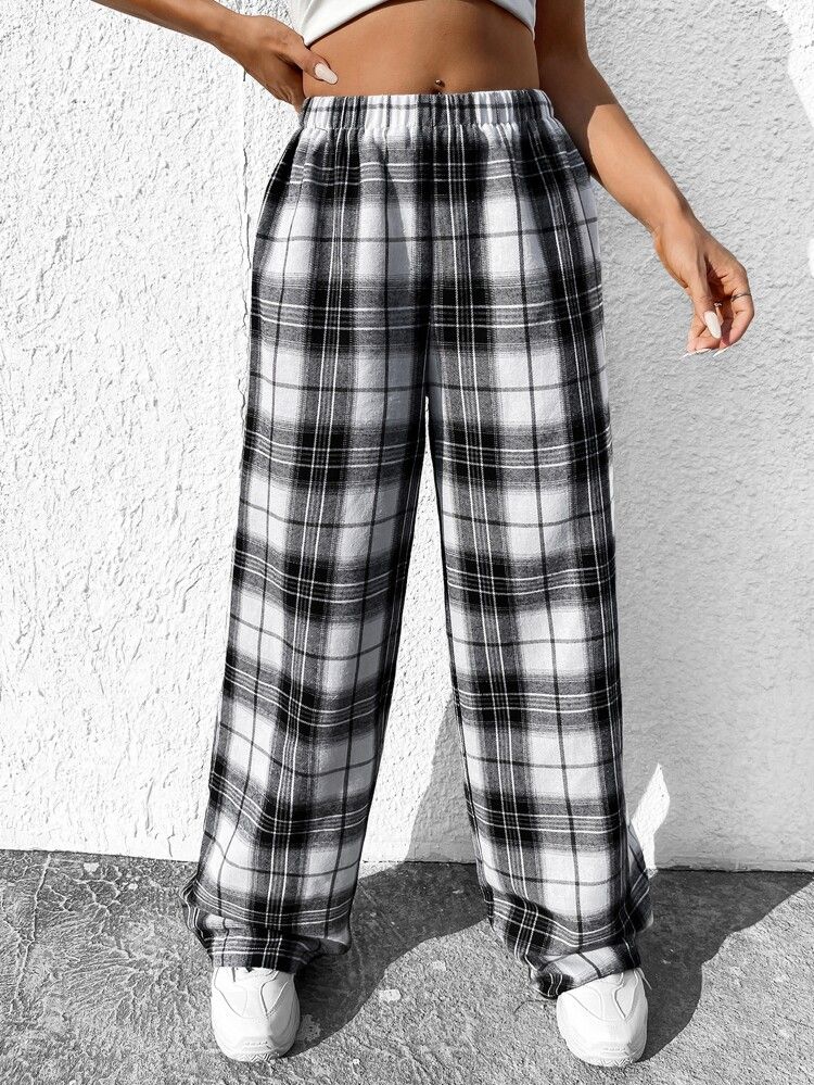 SHEIN EZwear Elastic Waist Plaid Wide Leg Pants | SHEIN