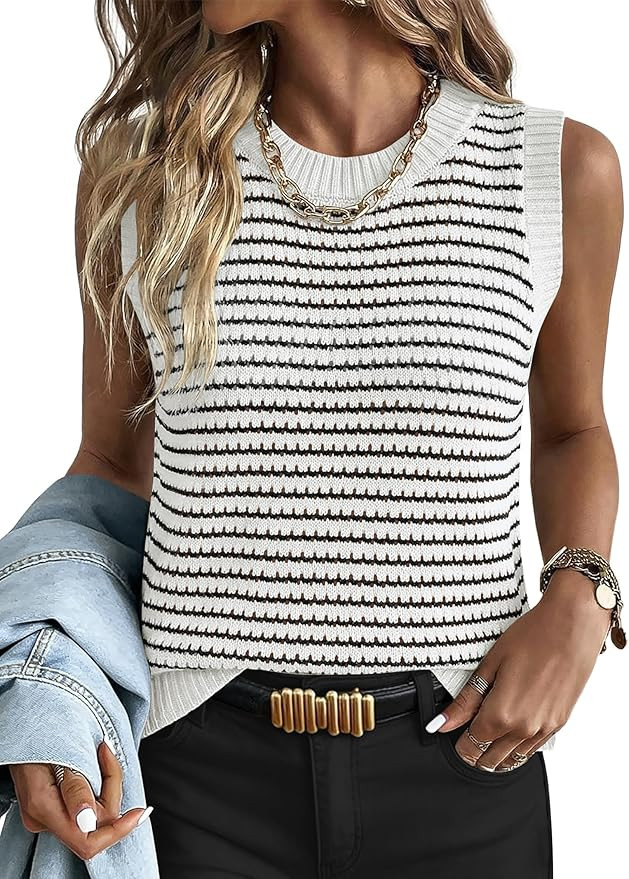 ANRABESS Womens Sweater Vest Top Striped Sleeveless Lightweight Knit Tank Tops 2026 Summer Spring... | Amazon (US)
