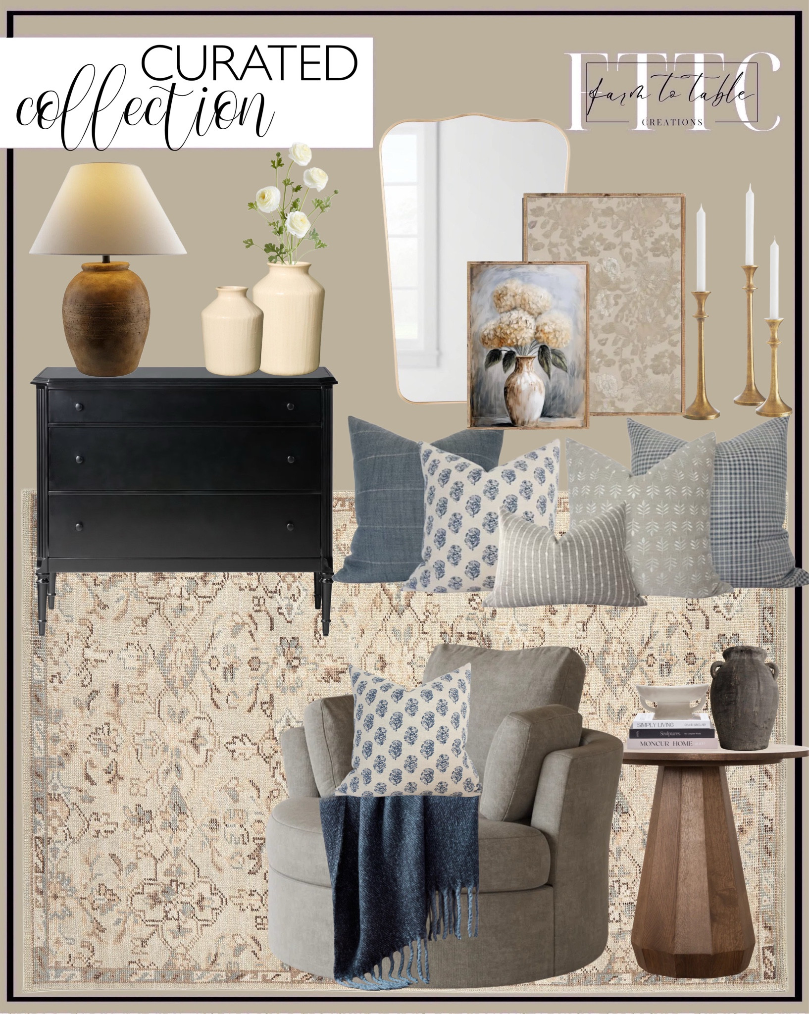 Curated Collection. Follow @farmtotablecreations on Instagram for more inspiration.

‼️Use code FARMTOTABLE for 15% off framed art. 

Fresh Cut Hydrangea Artwork. Vintage Wallpaper Artwork. Blue Sofa Pillow Set, Blue and Cream Pillow Covers, Pillow Combination Sets in Blue, Throw Pillow Combo with Blue. Textileish pillow. Elsie Hand Knotted Rug. Santos Side Table. Regan Chest. Gold Metal Curved Top Mirror. Hayes Faux Mohair Blanket. Brass Candleholder. Zymeer ceramic lamp. Textured Ceramic Decorative Vase - Hearth & Hand with Magnolia. Berey Slipcovered Swivel Barrel Chair. Ranunculus Stem. Creative Co-Op Bowl. Decorative Books. Mulberry Lane Co. Handmade Black Vase - 9.5'' Tall Terracotta Vase. 

Living Room Finds | Dining Room | Dining Room Artwork | Bathroom Finds | Bedroom Finds | Bedroom Furniture | nightstands | Home Decor| Fireplace Decor | Spring Refresh |  Bedroom Finds | Neutral Stems | Spring Stems | Bookshelf Decor | Bedroom Space | Cozy Corner | Bathroom | Curated Entryway | Spring  Decor | End of Year Clearance | Trending Decor | Viral Decor  | Coffee Table Decor | Neutral Decor | Fall Stem Sale | Target Finds | Skinny Bench | Bedroom | Living Room | Breakfast Nook | Amazon Home | Target Sale | Loloi Rugs | Magnolia Home | console table | console table styling | faux stems | entryway space | front porch decor | neutral decor | entryway decor | cozy home | affordable decor |  home decor | home inspiration | console styling | entryway rug | cozy moody home | moody home decor | neutral home | bathroom decor | living room | spring decor | Hearth & Hand | Studio McGee | 2025 Home Trends | trending home | Crate&Barrel 




#LTKFindsUnder50 #LTKHome #LTKSaleAlert