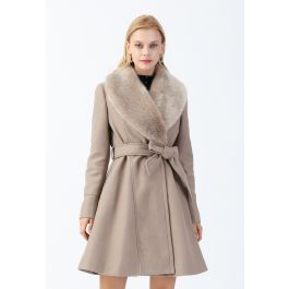 Faux Fur Collar Belted Flare Coat in Taupe | Chicwish