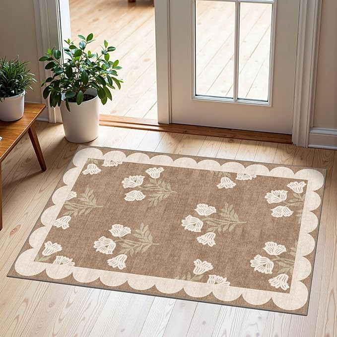 Front Door Mat Outside Entrance - 2x3 Floral Non-Slip Washable Doormat Indoor Outdoor Mat Tan Neu... | Amazon (US)
