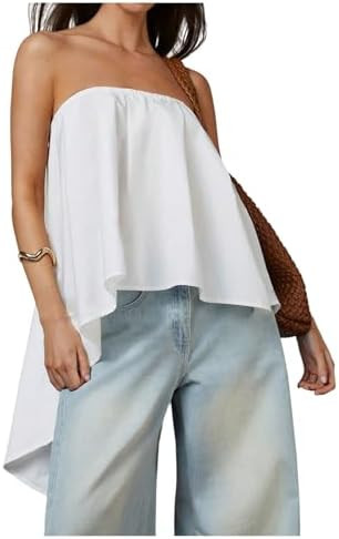SweatyRocks Women's Asymmetrical High Low Tube Tops Open Back Strapless Flowy Bandeau Blouses | Amazon (US)